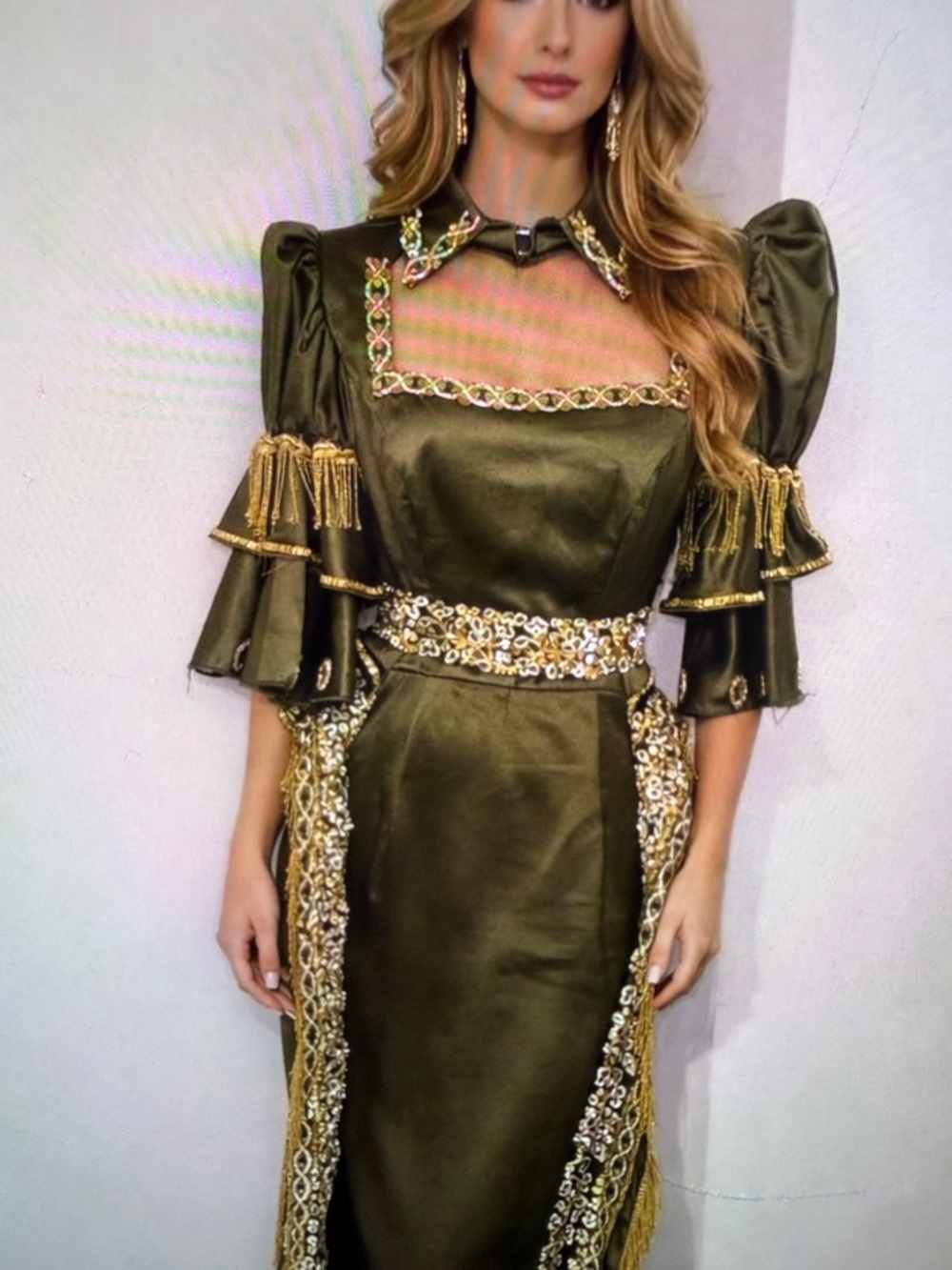 Olive Green Satin Dress with Gold Embellishment